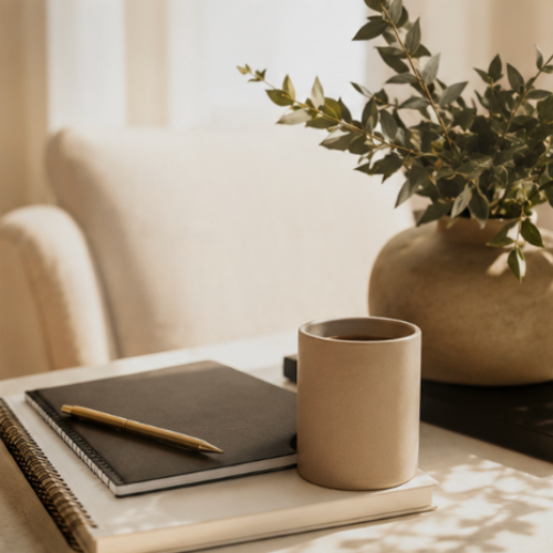 Coffee cup and journal in a relaxing environment for creating quotes and evaluating business materials.