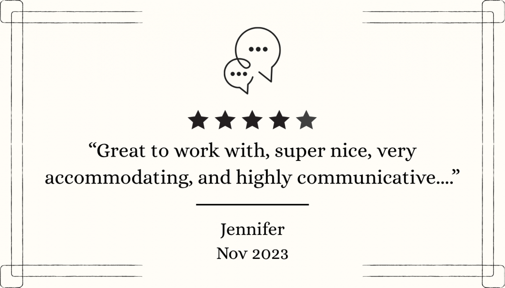 Five-star client testimonial describing professionalism, responsiveness, and communication