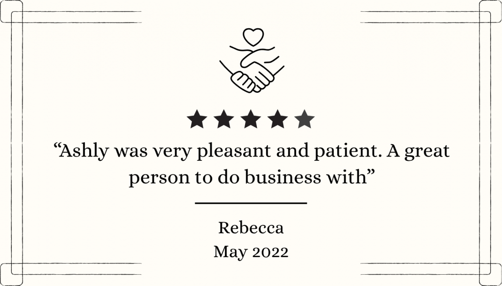 Five-star client testimonial praising patience, professionalism, and customer service