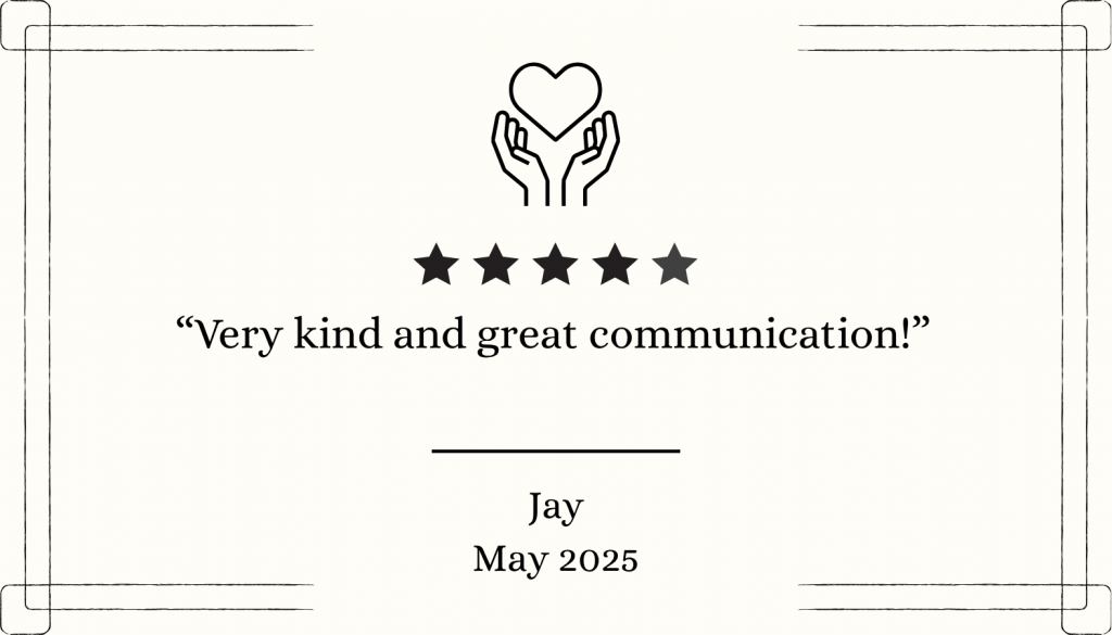 Five-star client testimonial highlighting kindness and communication
