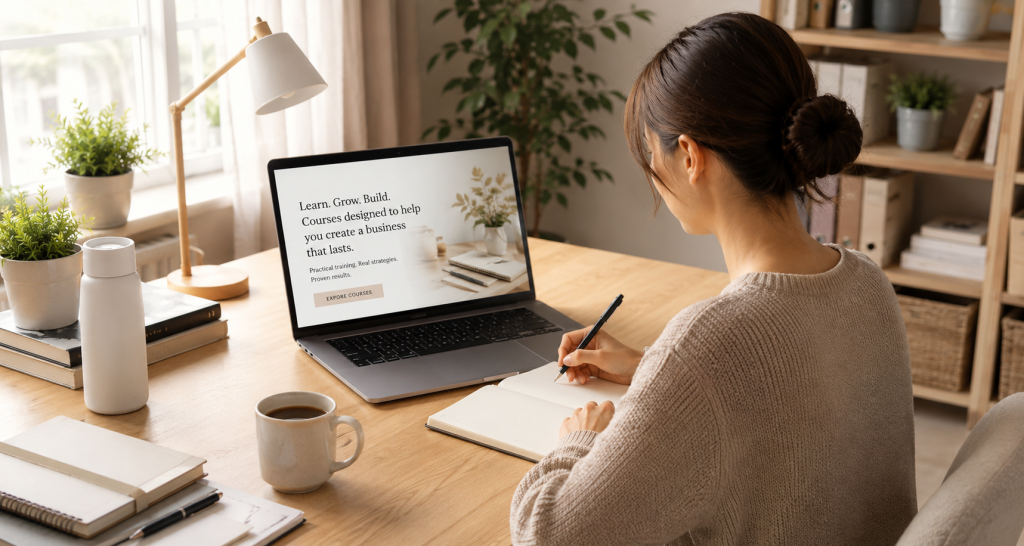 Person taking online business courses with AYD Consulting from a home office 