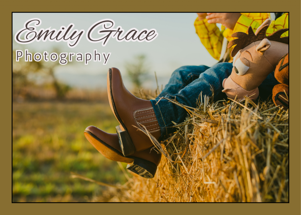 Promotional graphic for a photography business featuring a warm outdoor portrait, elegant typography, and a welcoming brand identity.