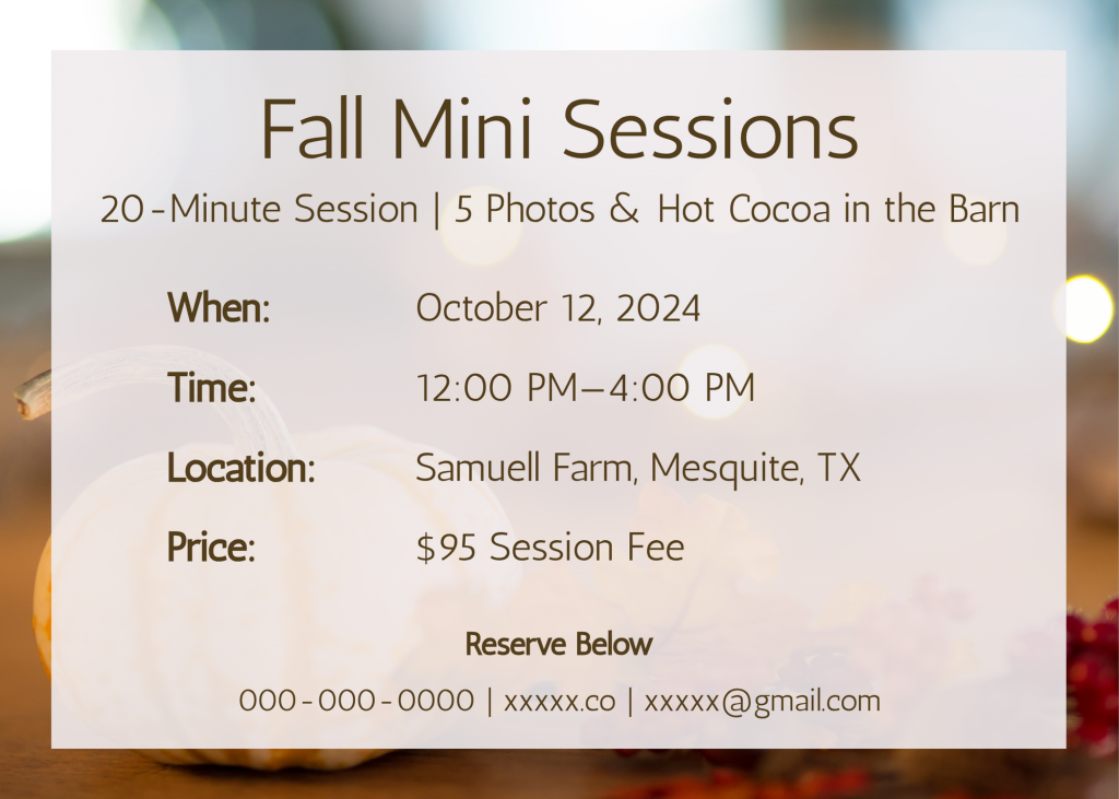 Photography mini-session flyer featuring a soft autumn background, clean typography, and an organized layout presenting event details and booking information.