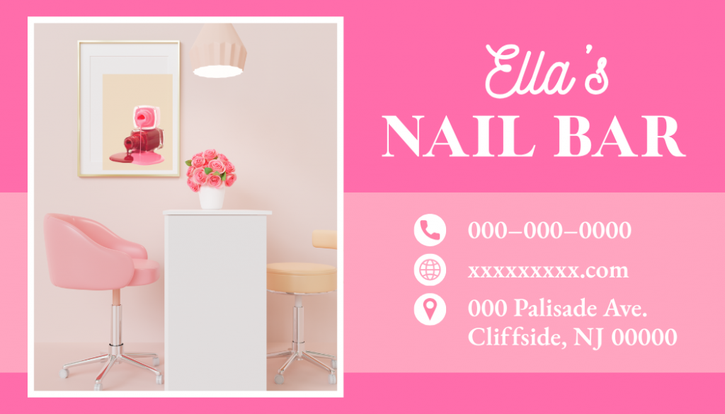 Bright pink nail salon business card featuring a modern manicure studio photograph, feminine branding, and clear contact information layout.
