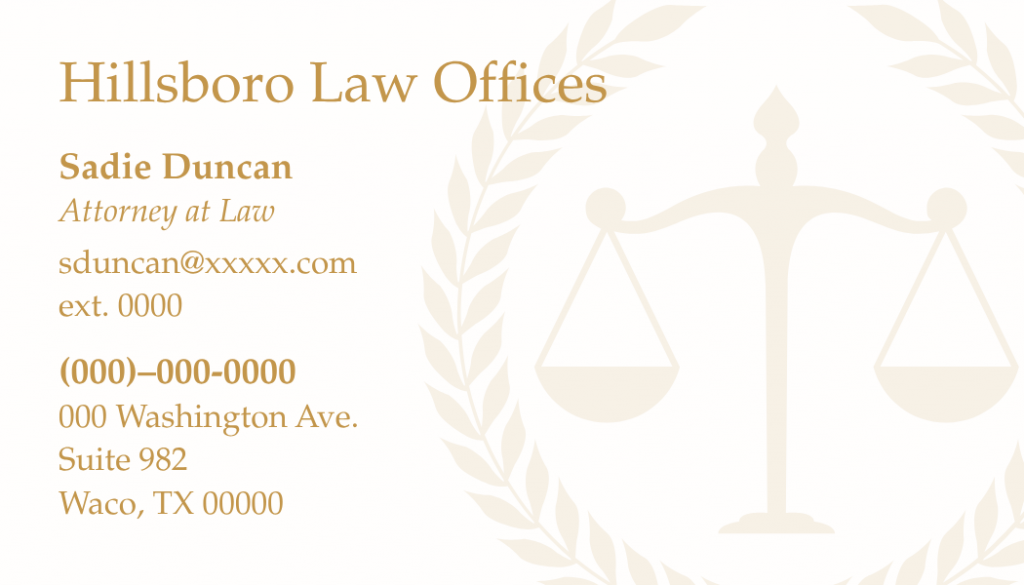 Elegant law office business card featuring gold typography, subtle scales of justice watermark, and a clean professional layout for an attorney.