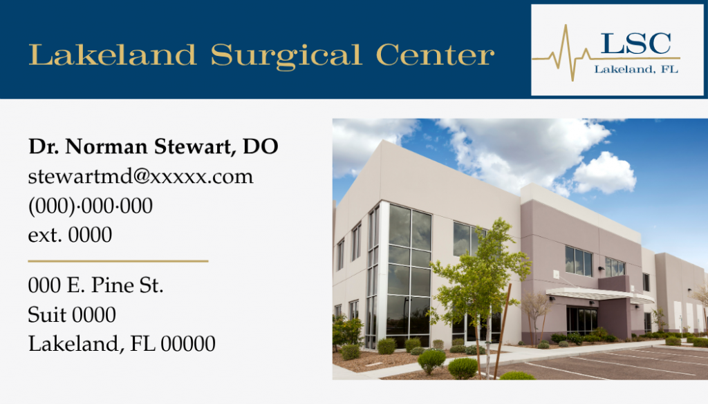 Business card for Lakeland Surgical Center featuring a blue and gold medical brand identity with physician contact information, a modern surgical center photo, and a clean professional layout.