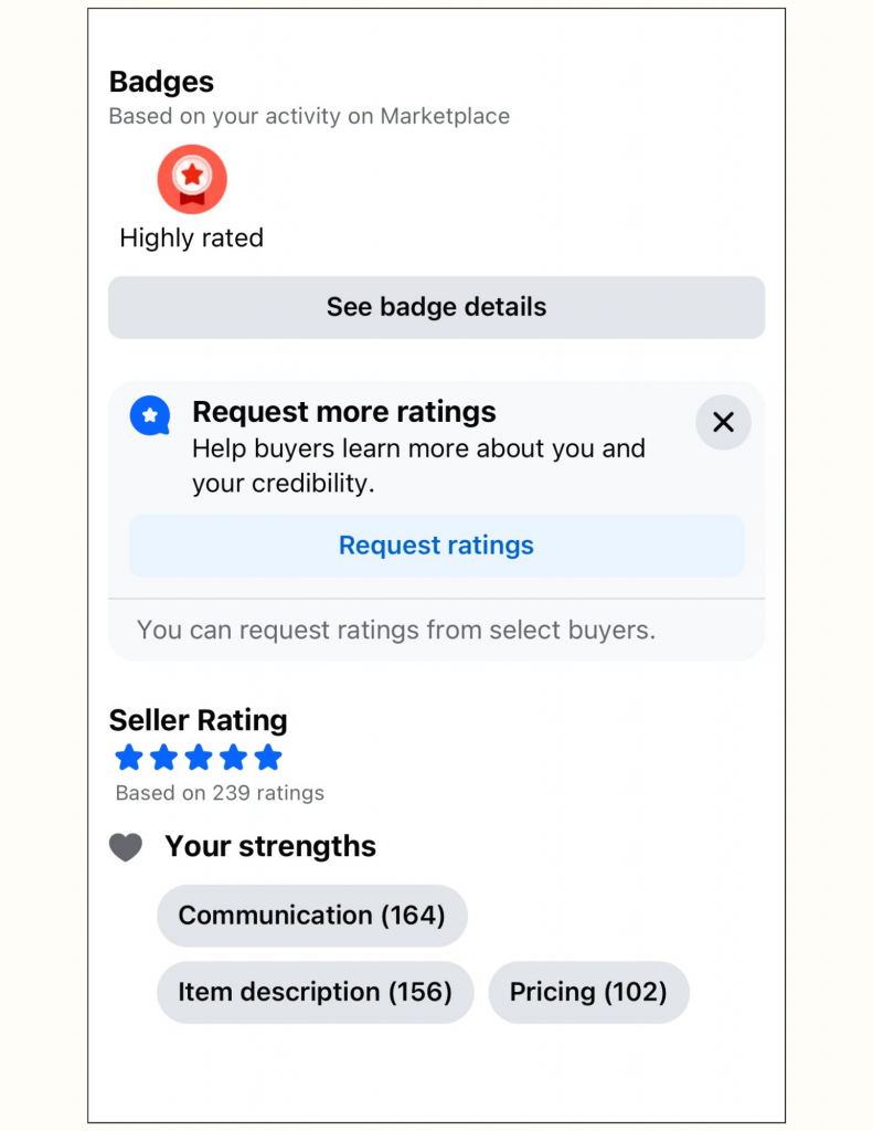 Marketplace seller profile featuring a 5-star rating, customer reviews, and business branding for a Texas-based resale business.