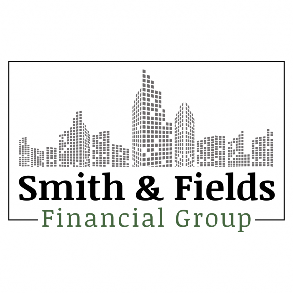 Logo design for a financial firm featuring a modern city skyline with bold typography and green accent text.