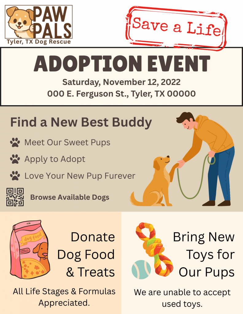 Portfolio example of an adoption event flyer created for a fictional dog rescue organization. The design features a warm, pet-friendly color palette, event details, donation requests for dog food and toys, a QR code for available dogs, and illustrated graphics promoting pet adoption.